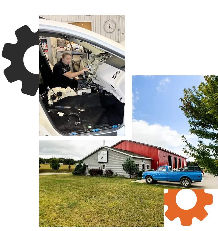 Auto repair in Grawn, MI at Integrity Import Service. A person works inside a car with its dashboard removed; below, a blue vintage pickup truck is parked outside a building with a sign that reads Roscoe’s Garage on a grassy lot.