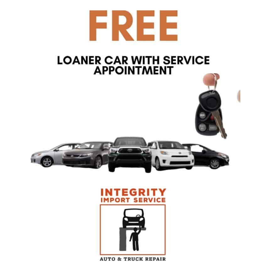 Loaner cars, auto repair in Grawn, MI at Integrity Import Service. Advertisement showing “FREE loaner car with service appointment” above images of five cars, car keys, and the Integrity Import Service Auto & Truck Repair logo.
