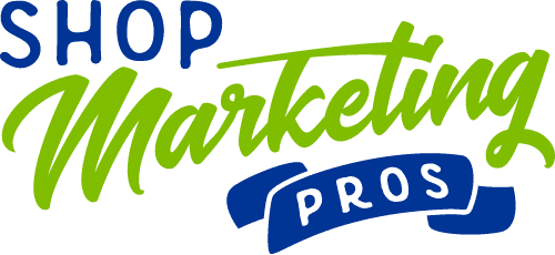 Shop Marketing Pros logo with Shop and Pros in blue text and Marketing in green script.
